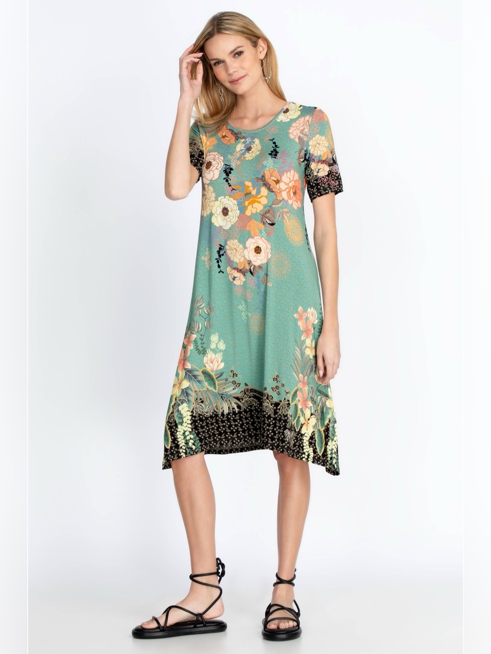 Johnny Was Millay Swing Dress Size Large Floral Boho Bamboo Knit Designer Comfy